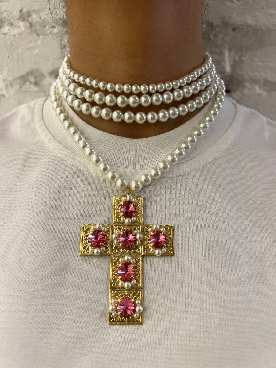 Collana girocollo perle e croce squadrata - Alessandra Avallone