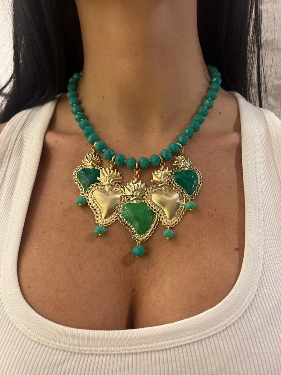 Collana con pietre verdi con Cuori Sacri - Alessandra Avallone