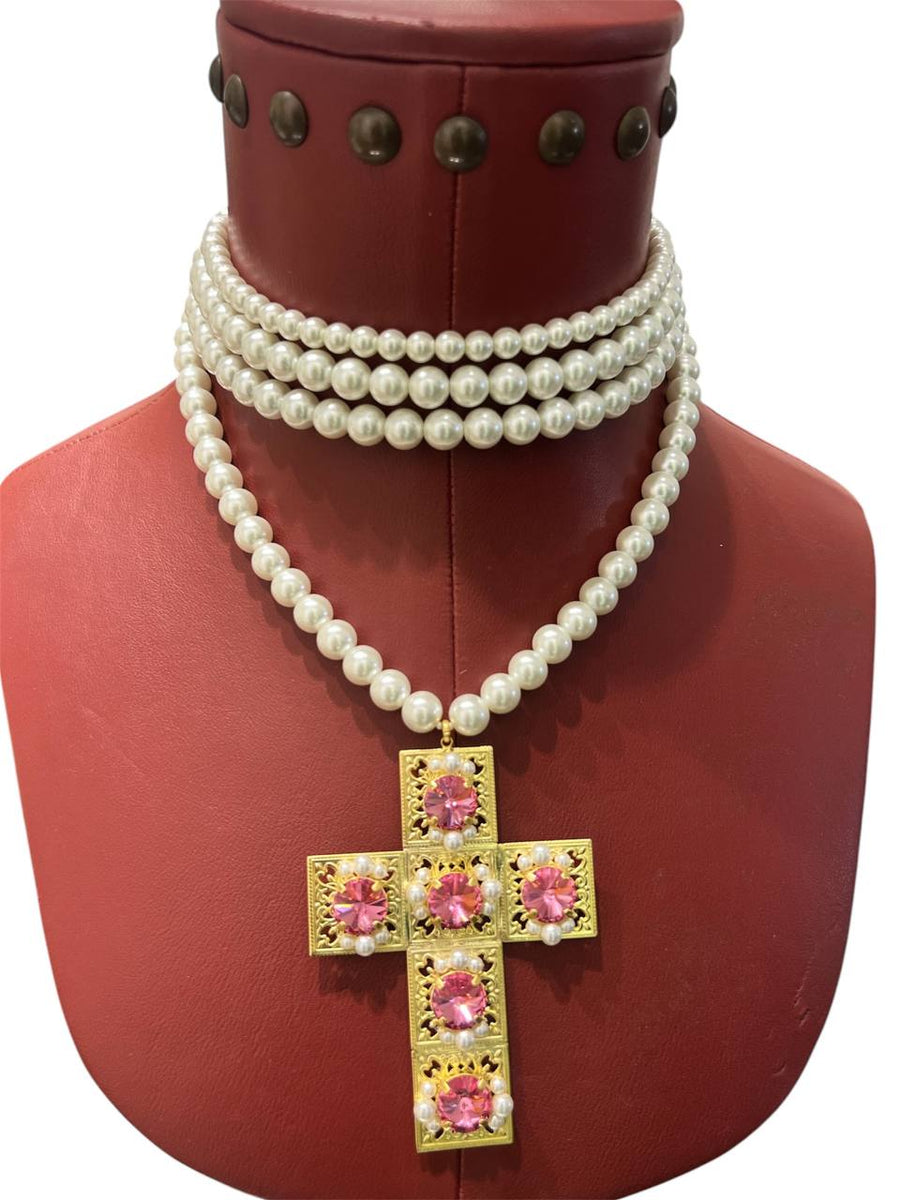 Collana girocollo perle e croce squadrata - Alessandra Avallone