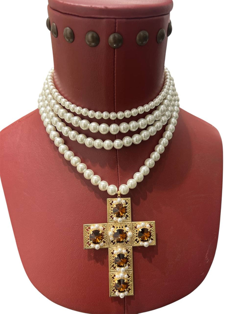 Collana girocollo perle e croce squadrata - Alessandra Avallone