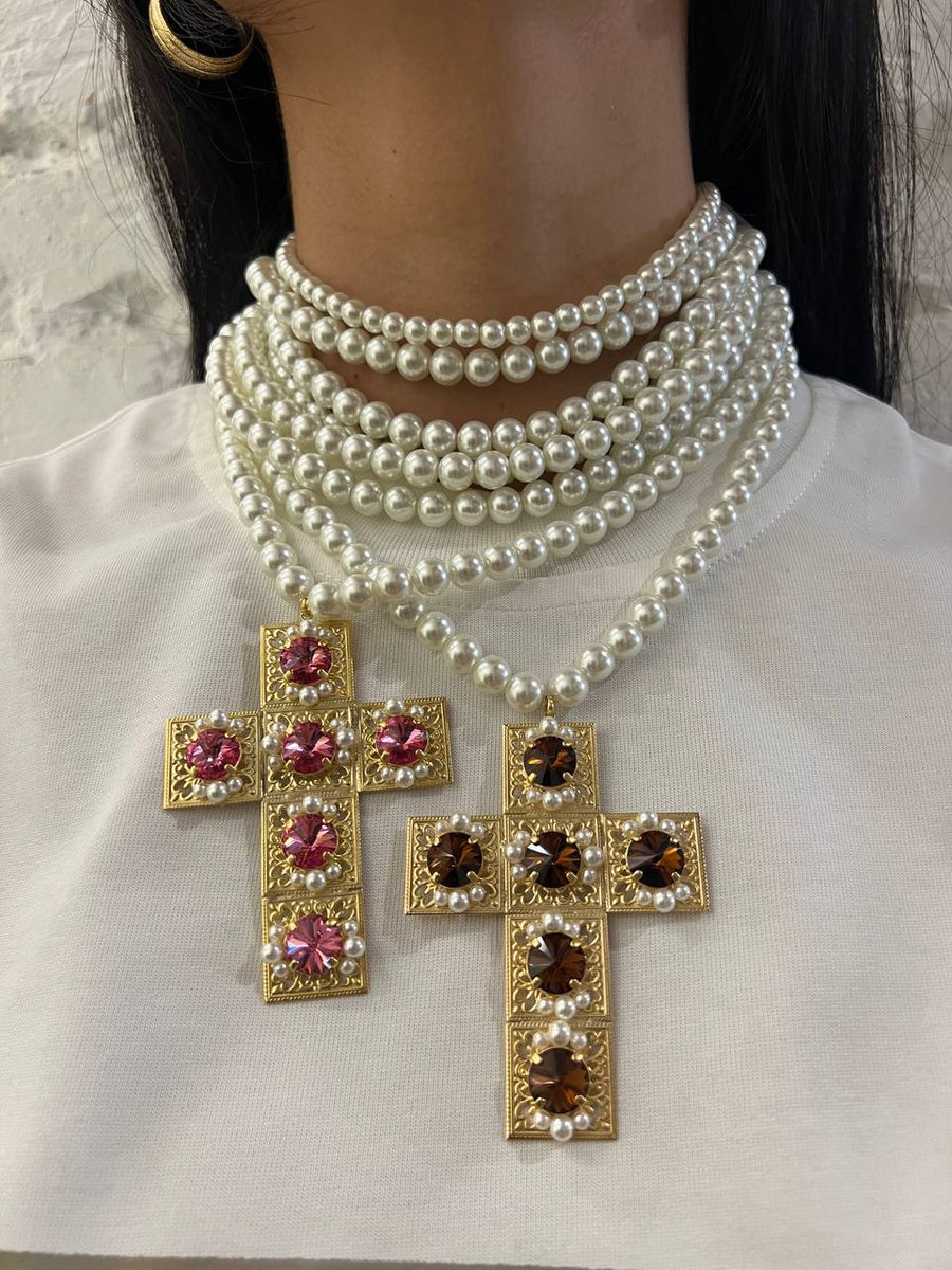 Collana girocollo perle e croce squadrata - Alessandra Avallone