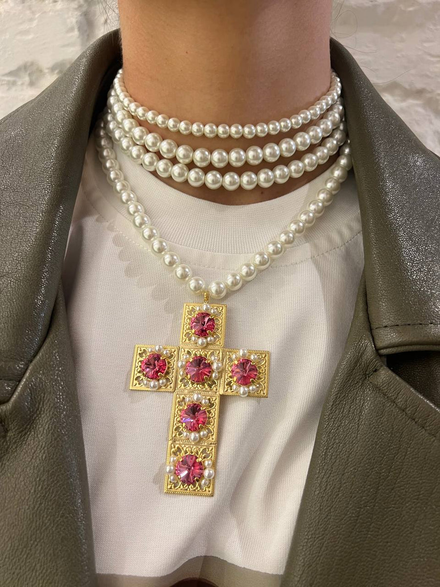 Collana girocollo perle e croce squadrata - Alessandra Avallone