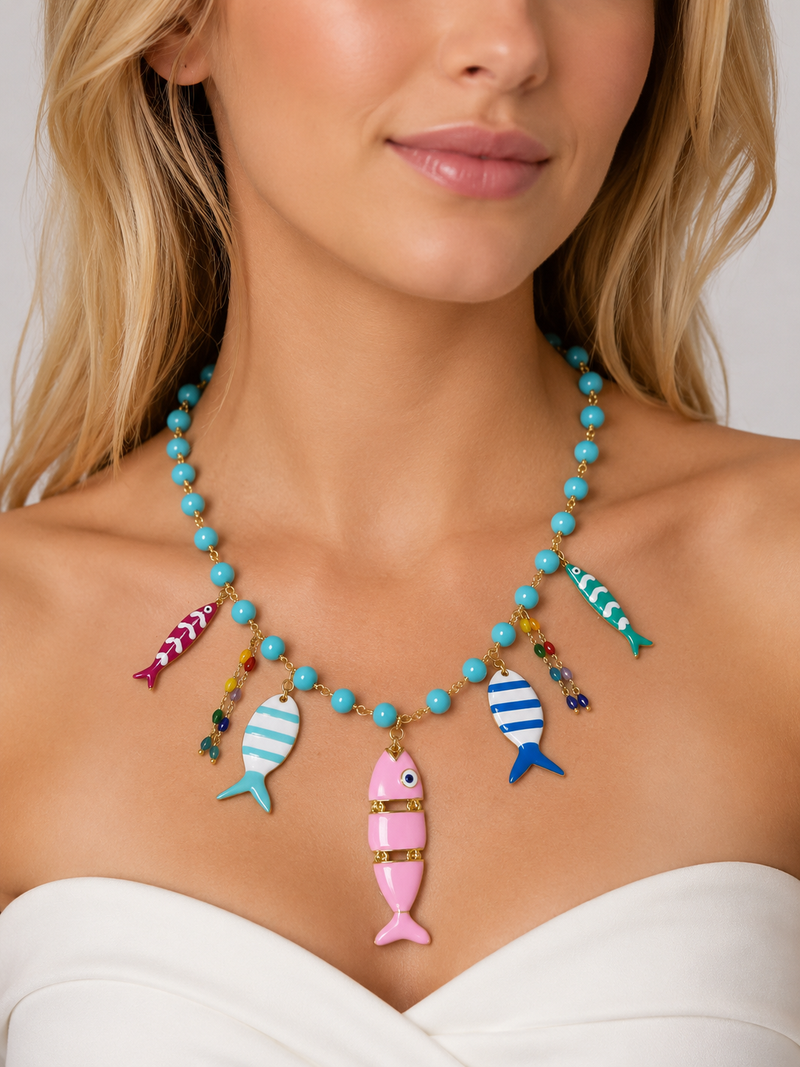 COLLANA PERLE TURCHESI CON PESCI COLORATI