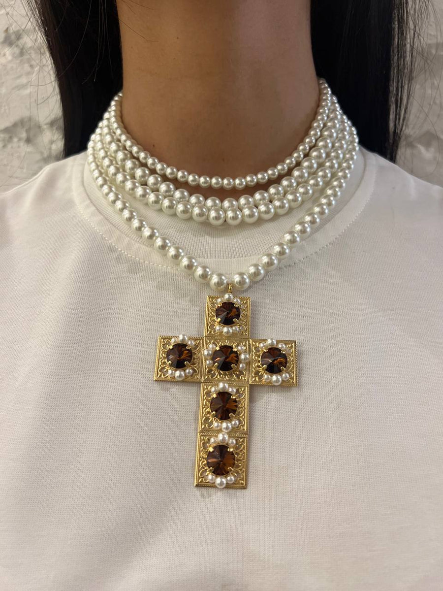 Collana girocollo perle e croce squadrata - Alessandra Avallone