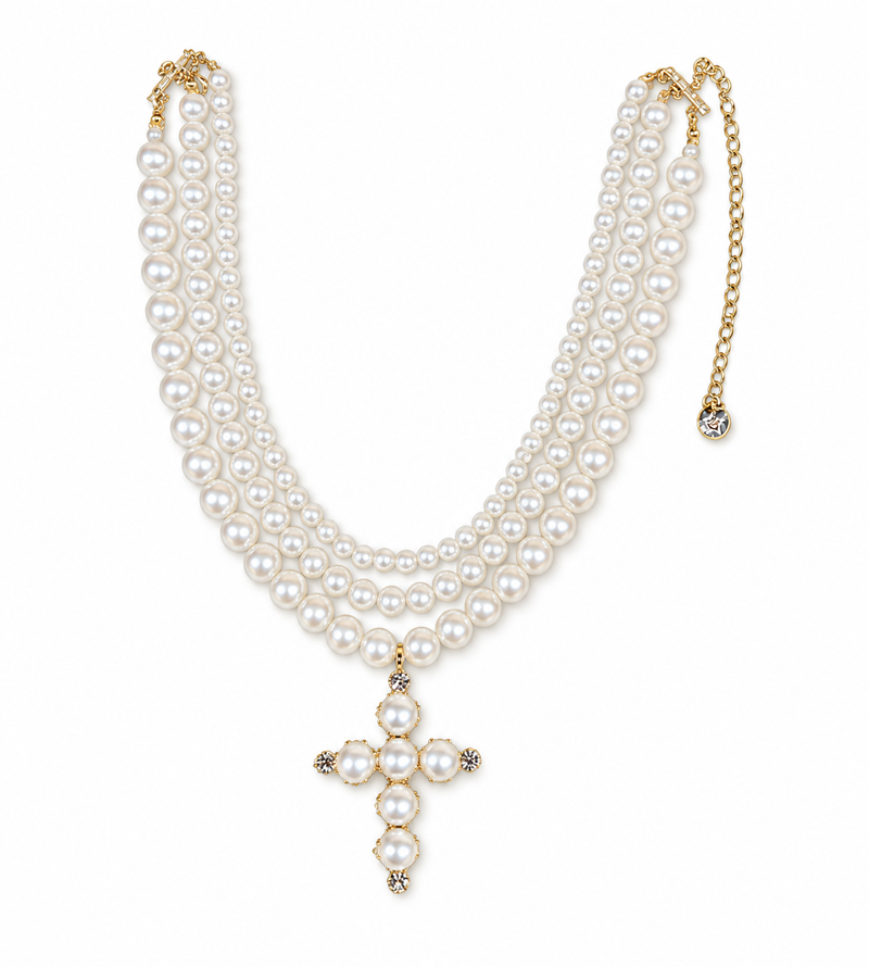 COLLANA MULTIFILO CON CROCE PERLA  PENDENTE