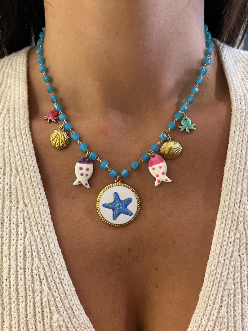 Collana cristalli azzurri charm marini
